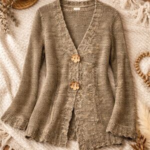 Aspen Moss Stitch Knit Cardigan Wooden Flower Buttons Boho Cottagecore Sweater M